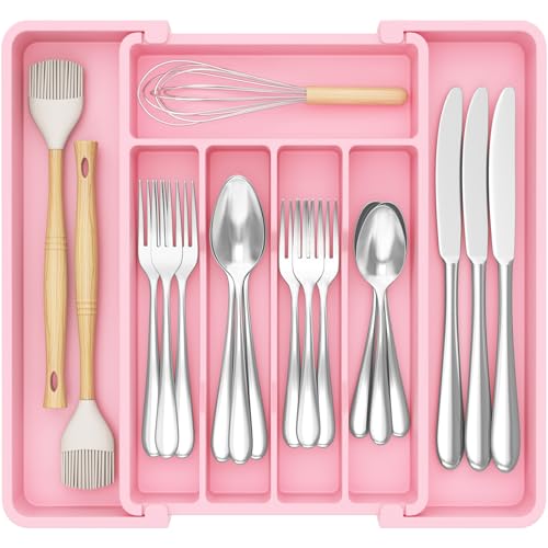 Expandable Silverware Drawer Organizer (Pink / Medium Wide(8.5-14''W x 12''D))