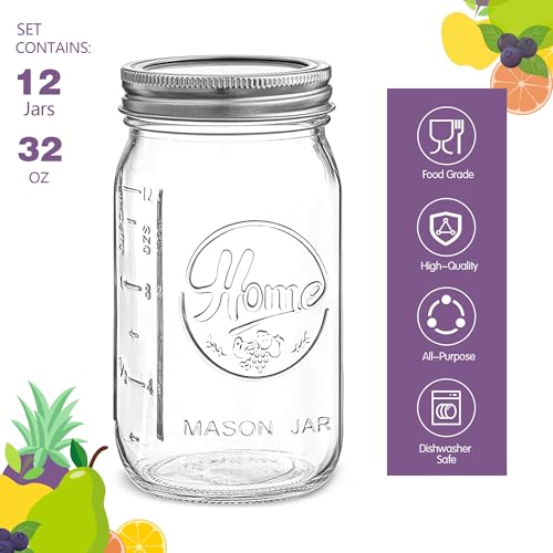 12 Pack Wide Mouth Mason Jars 32 oz (32 oz-12Pack-Home)