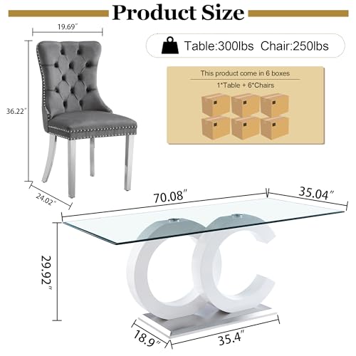 7 Piece Glass Dining Table Set for 6 (White Table & Silver Grey Chair / 7-Piece Set-OC-Shaped Table)