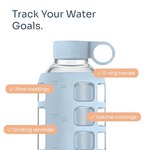40oz / 32oz / 22oz / 12oz Borosilicate Glass Water Bottle with Time & Volume Markers, Silicone Sleeve, Stainless Steel Lid | Reusable Glass Bottle for Water & Juice (32oz Ice Blue) (Ice Blue (1 Count) / 32 Ounces)