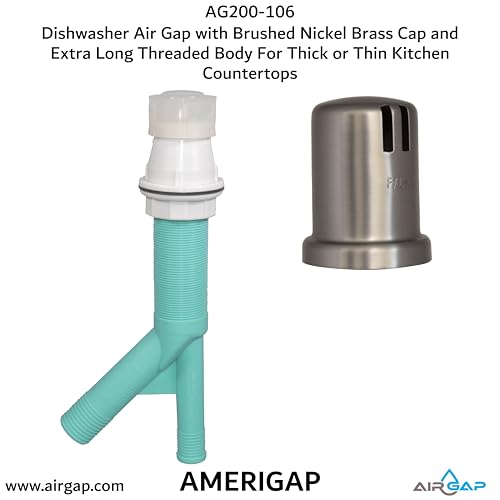 Dishwasher Air Gap with Skirted Brushed Nickel Brass Cap and Extra Long Threaded Body for Thick or Thin Kitchen Countertops (AG200-106)