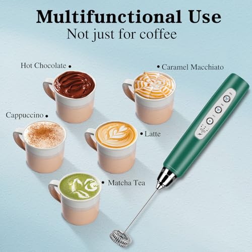 Milk Frother Wand Rechargeable Handheld Whisk Coffee 3 Speed Adjustable (Frother with stand / Green)