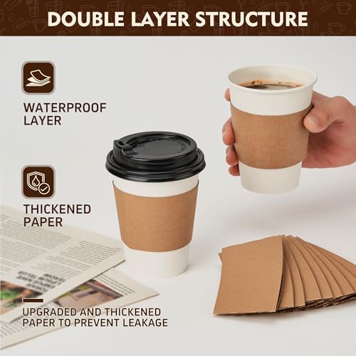 12 oz 500 Pack Disposable Coffee Cups with Lids & Sleeves (White-Kraft Sleeves / 12 oz)