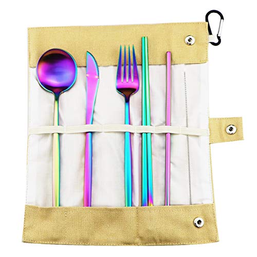 Reusable Travel Utensils (Khaki Pouch / Rainbow-C)