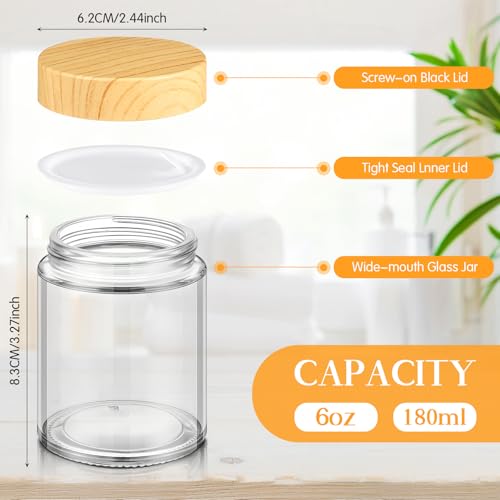 24 Pcs 6oz Glass Jars with Lids Empty Small Glass Containers and Inner Liners Reusable Cosmetic Jars Round Airtight Bottles with Plastic Wood Grain Lids for Travel (Natural Wood / 6 oz)