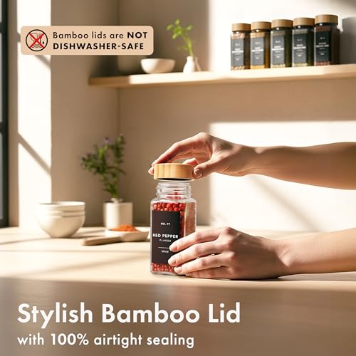 Glass Spice Jars with Label (36x Bamboo Jars Black Stickers)