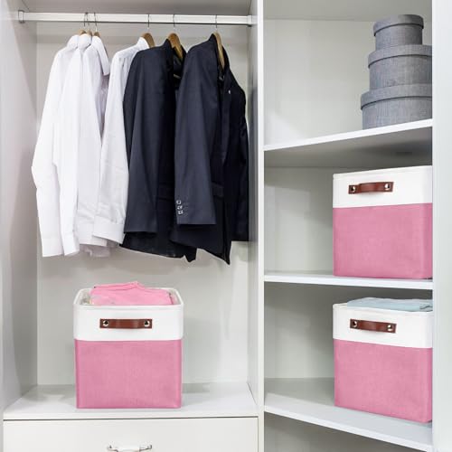 Collapsible Fabric Storage Cubes 11x11 Cube Storage Bins (Pink / Off-White / Cube - 11"x11"x11")