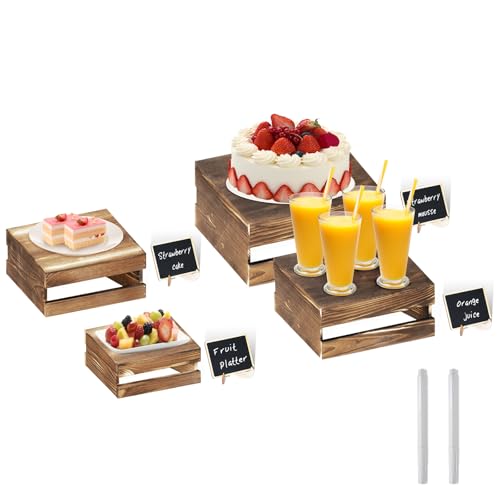 4 Pcs Buffet Risers with Mini Signs (Rustic Dark Brown / 4 Pcs (8.0", 7.0", 6.5", 5.5"))