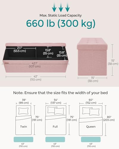 43.3 Inches Folding Storage Ottoman Bench (Jelly Pink / 15"D x 43"W x 15"H (without Flipping Lid))