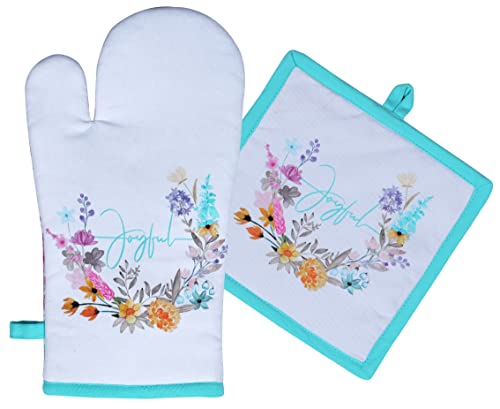 Pot Holders and Oven Mitt Heat Resistant Non Slip Reusable Set of 1 Oven Mitt and 1 Pot Holder Oven Gloves Pot Holder for Cooking (7x13 inches & 8x8 inches / Joyful Floral)