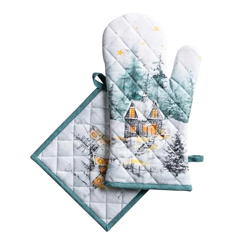 100% Cotton Oven Mitt & Pot Holder Set (126 - Neige De Noel / 7.5" x 13" & 8" x 8" (Oven Mitt & Pot Holder))