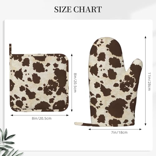Brown Cowhide Oven Mitts and Pot Holders Sets Silicone Brown Cow Print Kitchen Mitts Cowhide Skin Pattern Potholders Heat Resistant 4Pcs Oven Gloves Hot Pads for Kitchen Baking Cooking (Brown Cow Print)