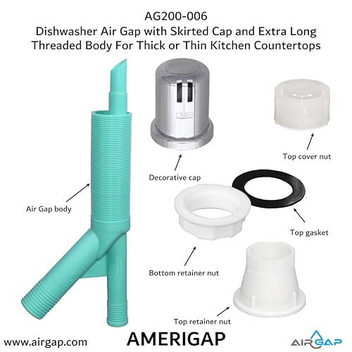 Dishwasher Air Gap with Skirted Cap and Extra Long Threaded Body for Thick or Thin Kitchen Countertops (AG200-006)