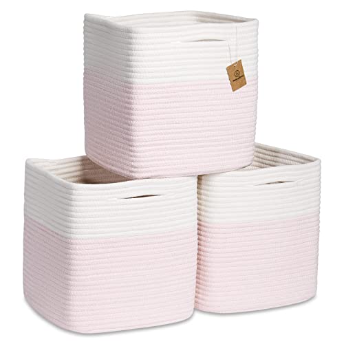 Storage Cubes 11 Inch Cotton Rope Woven Baskets for Organizing (Off White & Mixed Pink)