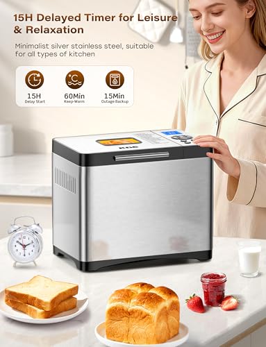 19-in-1 Programmable Bread Maker, 2.2LB Bread Machine with Healthy Ceramic Pan, Stainless Steel Bread Maker Machine with 15H Timer& 1H Keep Warm, Sourdough, Gluten Free, 3 Crust Colors, 53 Recipes (Solid Silver Stainless Steel)