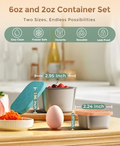 3 Pack 6oz Stainless Steel Snack Containers and 3 Pack 2oz Salad Dressing To Go Containers with Silicone Lids (Berry Sweet)