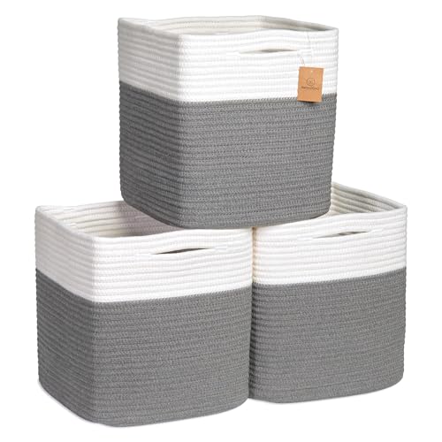 Storage Cubes 11 Inch Cotton Rope Woven Baskets for Organizing (Off White & Charcoal Gray)