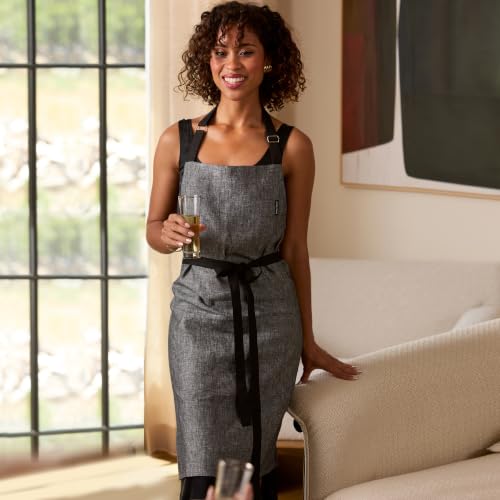 100% Pure Linen Apron Black (Chambray Black / 39.5 X 37 Inch)