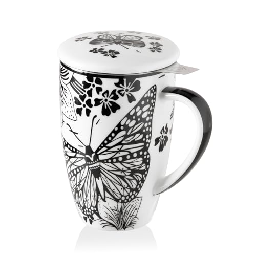 Sweejar Porcelain Tea Infuser Mug with Lid (Onyx Wing / Tea Cup(16 Fl Oz))