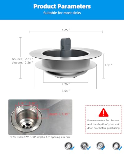2 Pack 3 in 1 Kitchen Sink Drain Strainer and Stopper Combo (2P-SUS304 Drain Part with 3 Strainers)