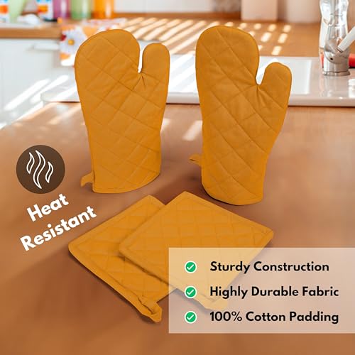 4 Piece Set 2 Oven Mitts & 2 Potholders (Mustard Yellow)
