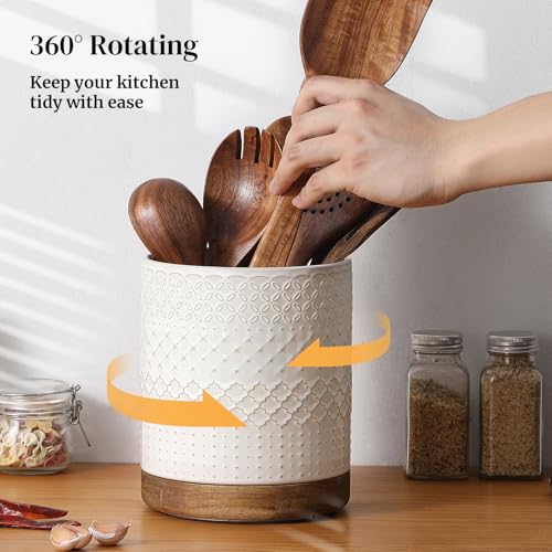 360° Rotating Extra Large Cooking Utensil Holder (White Embossed / 7.6 Inch)