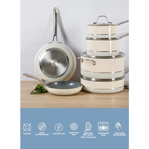 Kitchen Essentials Viva La Cantina 10 Piece PFA Free Titanium Ceramic Nonstick Interior Forged Aluminum Cookware Pots and Pans Set (Two-Tone White & Silver / 10-Piece Cookware Set)