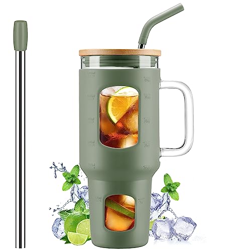 Glass Tumbler with Straw and Lid (Olive / 40 Ounces)