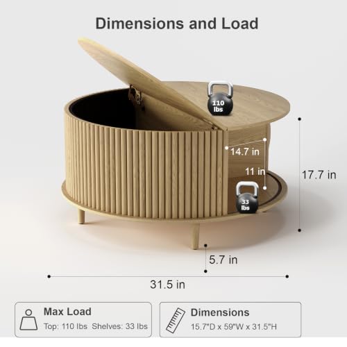 Round Coffee Table with Storage for Living Room (Light Oak)