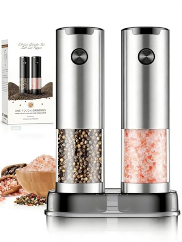 Electric Salt and Pepper Grinder Set Automatic Battery Pepper Mill Shakers Kitchen Gadgets Adjustable Coarseness Upgraded Larger Capacity with Led Birthday Gifts for Women (White/White)