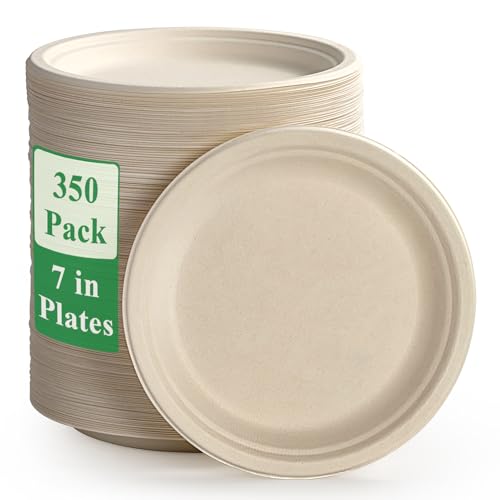 350 Pack Compostable Bagasse Paper Plates 6.9 inch (Nature / 7 IN Round Plates)