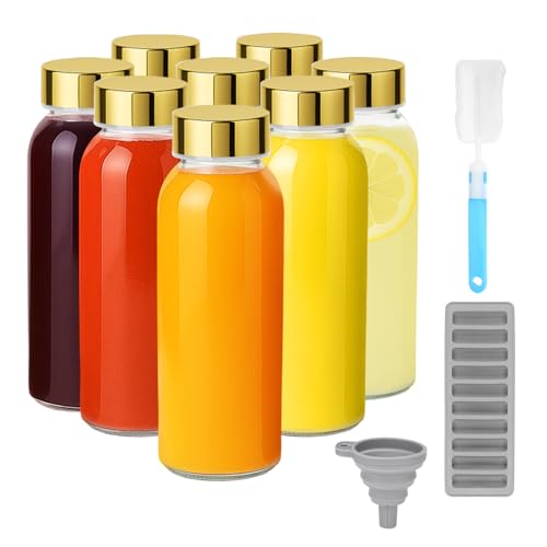 10 oz Glass Juice Bottles with Stainless Steel Gold Lid Leak Proof