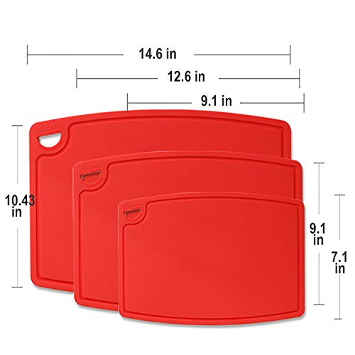 Silicone Thick Cutting Boards Mats Set of 3pcs Foldable & Flexible Design Juice Grooves Easy Grip Handle Dishwasher Safe for Kitchen (9.1"L x 7.1"W, 12.6"L x 9.1"W & 14.6"L x 10.4"W / Red)