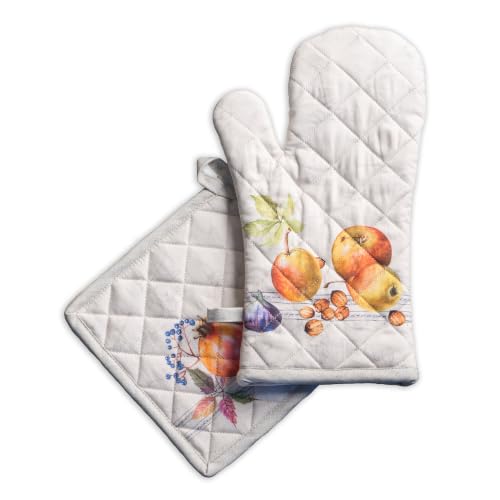 100% Cotton Oven Mitt & Pot Holder Set (089 - Fruit D'hiver / 7.5" x 13" & 8" x 8" (Oven Mitt & Pot Holder))