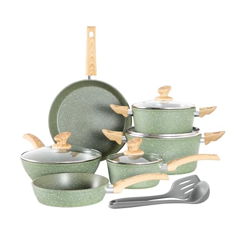 Non Toxic Pots and Pans Set Non Stick (Green / 12 PCS Cookware Set)