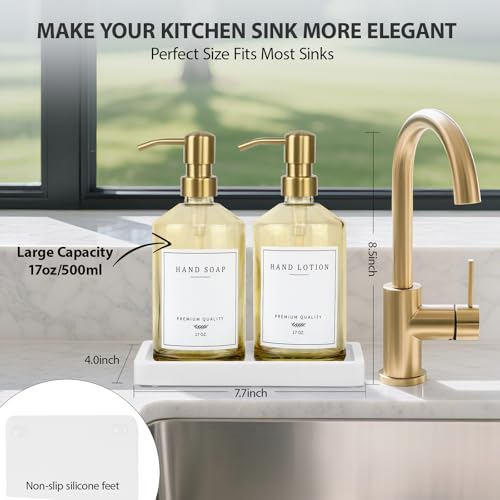 Dish Soap Dispenser for Kitchen (Yellow Bottle + Gold Pump)
