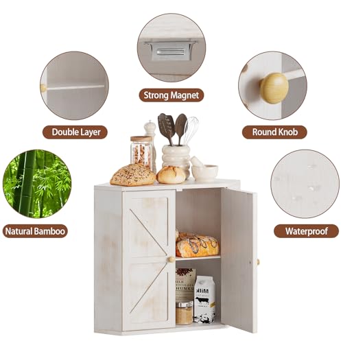 Corner Bread Box for Kitchen Counter Double Layer Bamboo Bread Storage Container Large Capacity Bread Storage Bin Farmhouse Breadbox Organizer (Antique White)
