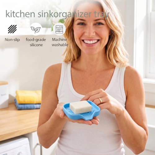 Silicone Soap Dish with Drain Spout (Light Blue / S(4.9"×3.2"))