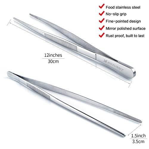Set of 2 Kitchen Tweezers Fine Tweezer Tongs 12 Inch Stainless Steel Food Tweezer (12" Tweezers - 2 Piece Set)