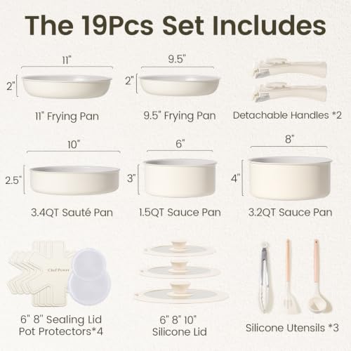 Ceramic Nonstick Pots and Pans Set 19 Piece with Detachable Handle