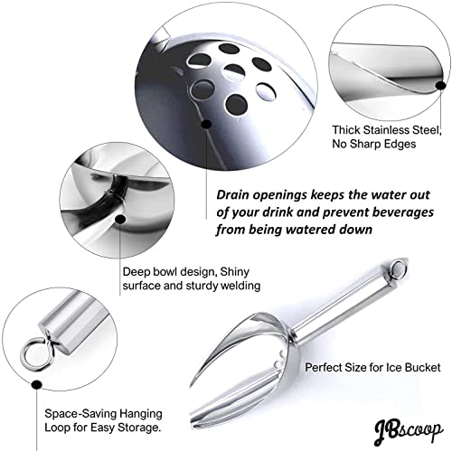 Large Ice Scoop with Holes. Stainless Steel Ice Scoop with Drain Holes to Reduce Unwanted Dilution. Heavy Duty and Dishwasher Safe. Six Ounce Capacity