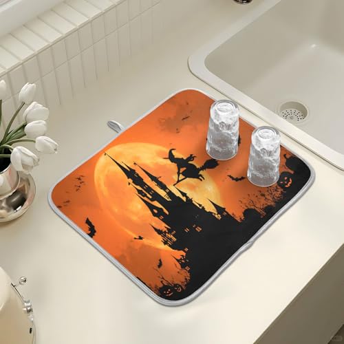 Halloween Witch Bat Castle Pumpkin Dish Drying Mat for Kitchen Counter Absorbent Microfiber Large Drying Pad Dish Mats for Kitchen Countertops 18 x 24 Inch (24" x 18")