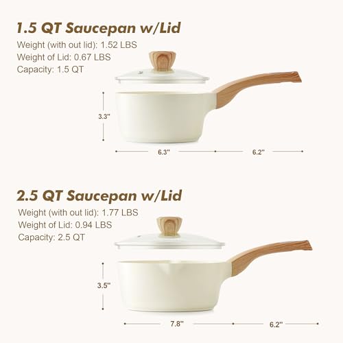 1.5 & 2.5 Quart Ceramic Sauce Pan Sets with Lid (Ceramic White / 1.5 + 2.5 Quarts)