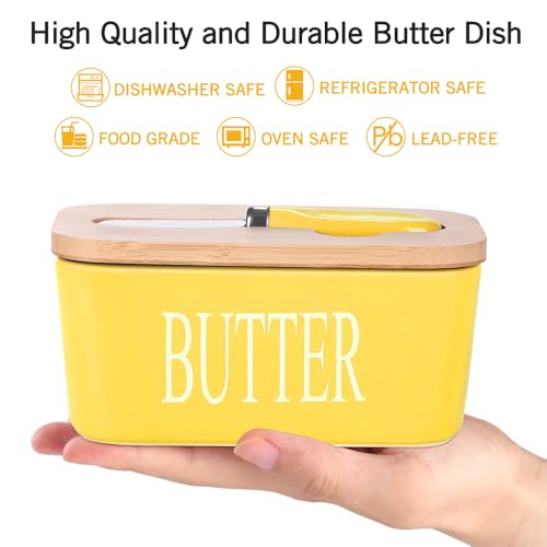 Ceramic Butter Dish with Bamboo Lid and Stainless Steel Knife Spreader