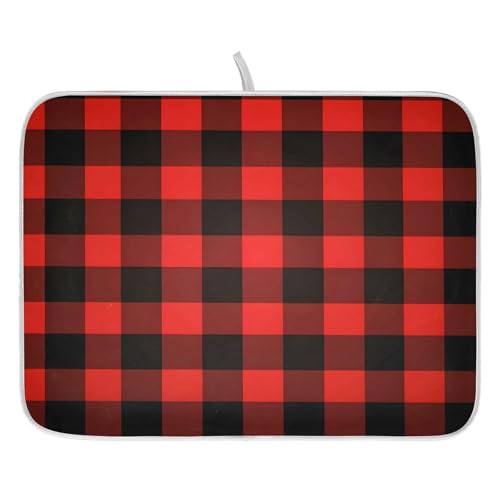 Christmas Red Black Buffalo Plaid Dish Drying Mat for Kitchen Counter Absorbent Microfiber Small Drying Pad Dish Mats for Kitchen Countertops 16 x 18 Inch (18" x 16")