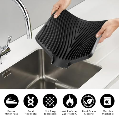 Silicone Dish Drying Mat for Kitchen Counter (Black-2pcs / 16" x 12")
