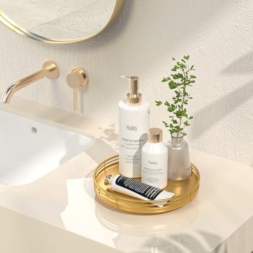 9 Inch Oak Lazy Susan Vanity Tray with Gold Metal Rail (Golden / 9)