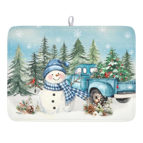 Winter Snowman Blue Dish Drying Mat Xmas Truck Dishes Pad 18"x24" Microfiber Absorbent Drainer Rack Mats Protector for Kitchen Counter Sink (Blue Snowman Truck / 18x24 inch)