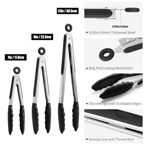Kitchen Tongs with Silicone Tips for Cooking Serving (Set of 3 (7+9+12in) / Black)
