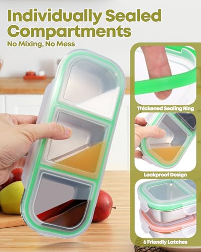 2 Pack Stainless Steel Snack Containers (3 compartment Orange Green)